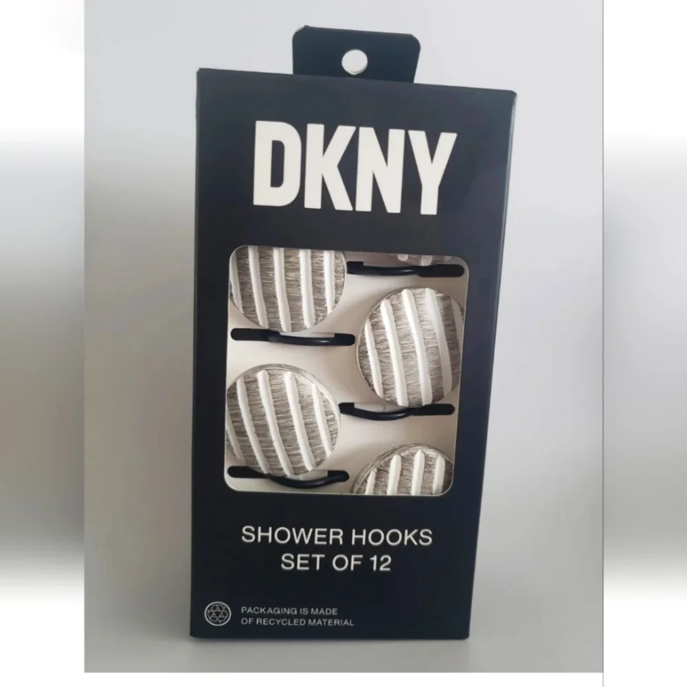 12pc Set DKNY Round Dot Gray & White Striped Shower Curtain Hook Decor N…